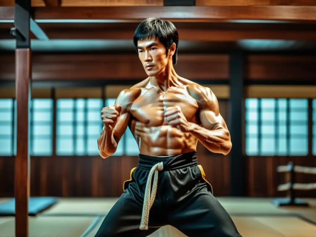 Bruce Lee en poderosa pose de artes marciales, emanando determinación y maestría en un dojo tradicional