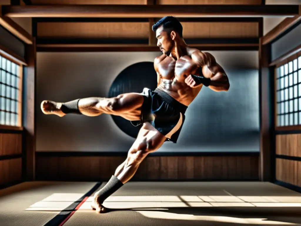 Un poderoso luchador realiza una patada giratoria en un dojo japonés, con una atmósfera intensa y musculatura definida