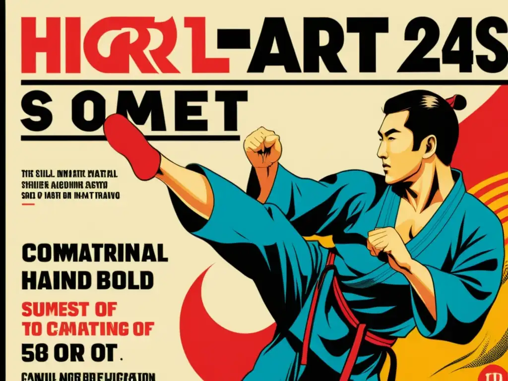 Una portada vintage de revista de artes marciales con ilustraciones detalladas de artistas marciales en combate y tipografía vibrante, evocando la cultura de las revistas oficiales artes marciales