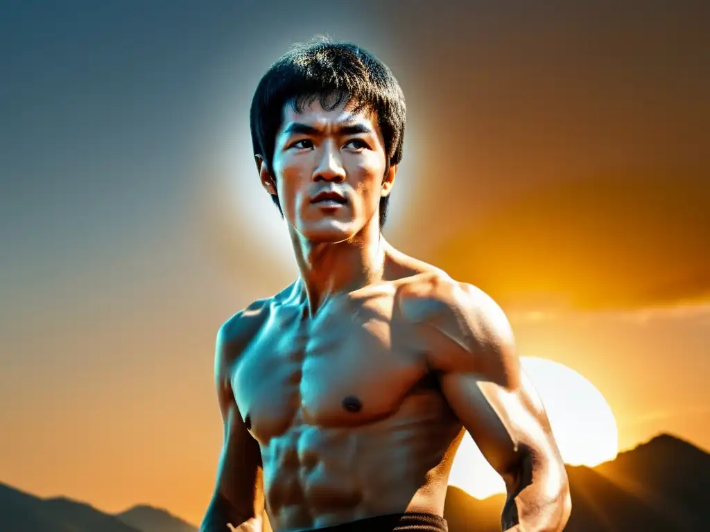 Maestro de las artes marciales: Bruce Lee en pose poderosa al atardecer Bruce Lee en pose de artes marciales al atardecer, reflejando su filosofía de unión entre culturas orientales y occidentales