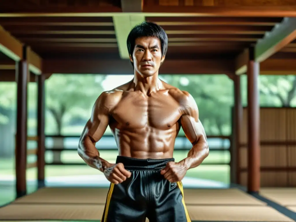 Bruce Lee, en pose de artes marciales, con intensidad concentrada en un dojo tradicional