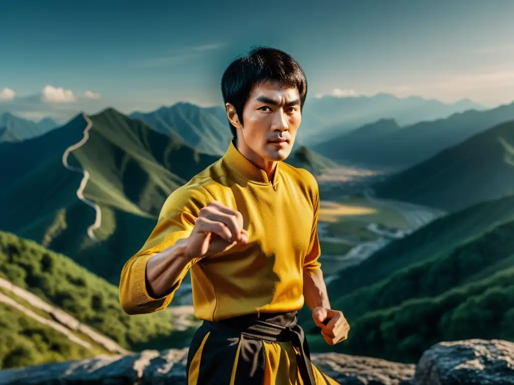 Bruce Lee en pose de artes marciales, vestido con atuendo chino, mirada determinada