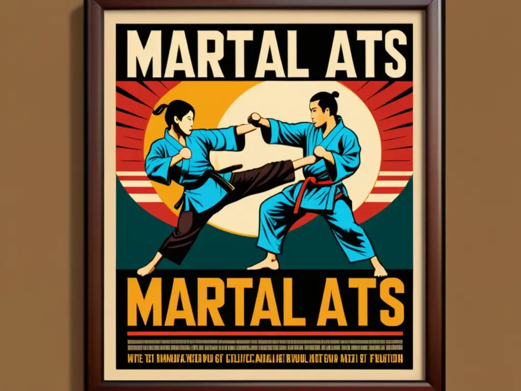 Un póster vintage de artes marciales, con ilustraciones detalladas y colores vibrantes, exhibiendo el valor cultural del merchandising de artes marciales en una habitación con luz tenue y sombras sutiles