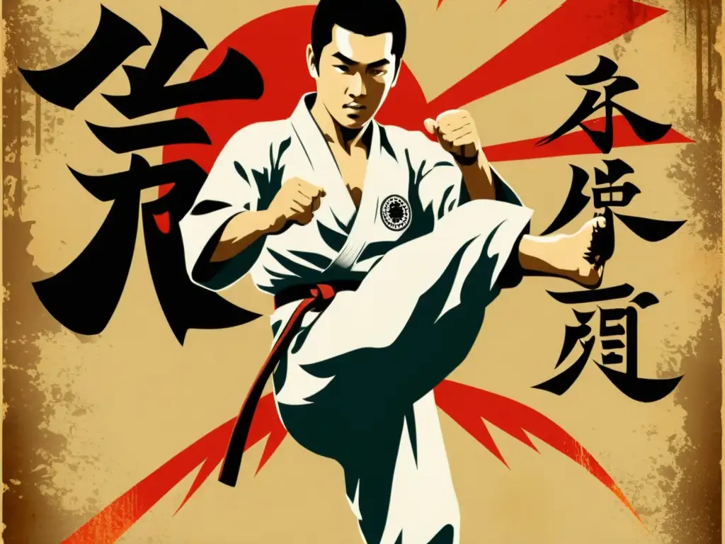 Poster vintage de karate con artista marcial en salto, caligrafía japonesa y diseños detallados