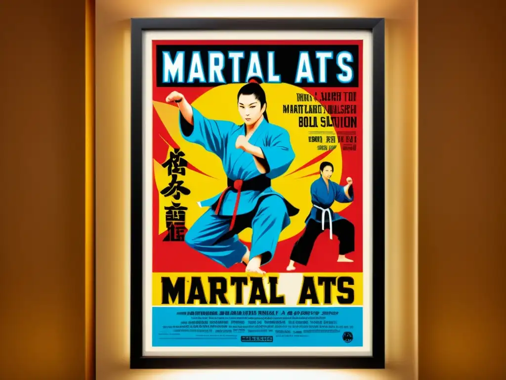 Poster vintage de artes marciales: 8k detalle Un póster vintage de merchandising oficial de artes marciales enmarcado y exhibido en un museo, iluminado por un suave foco, capturando su importancia histórica y cultural