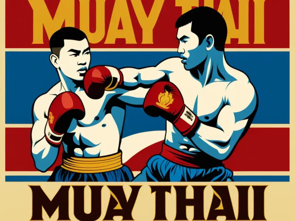 Un póster vintage de Muay Thai con tipografía dinámica y luchadores tailandeses en combate