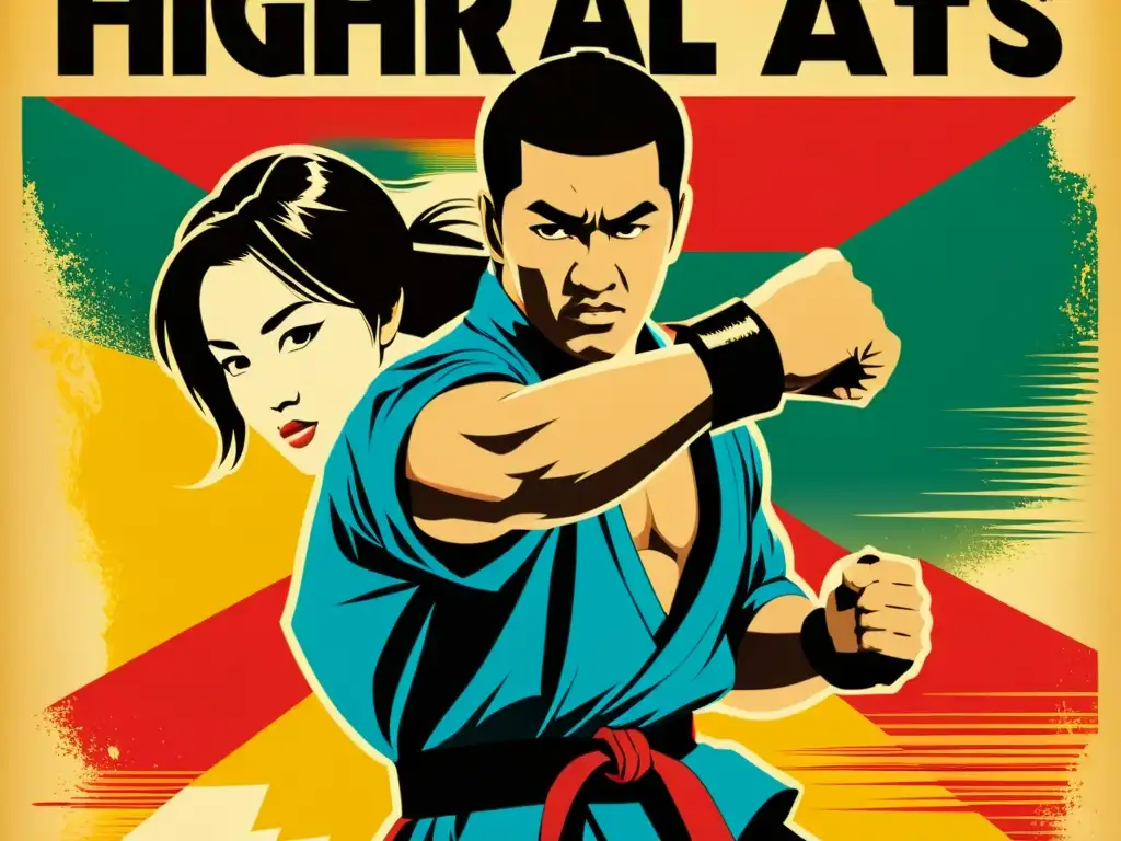 Poster vintage de película de artes marciales con tipografía dinámica y arte vibrante, evocando nostalgia