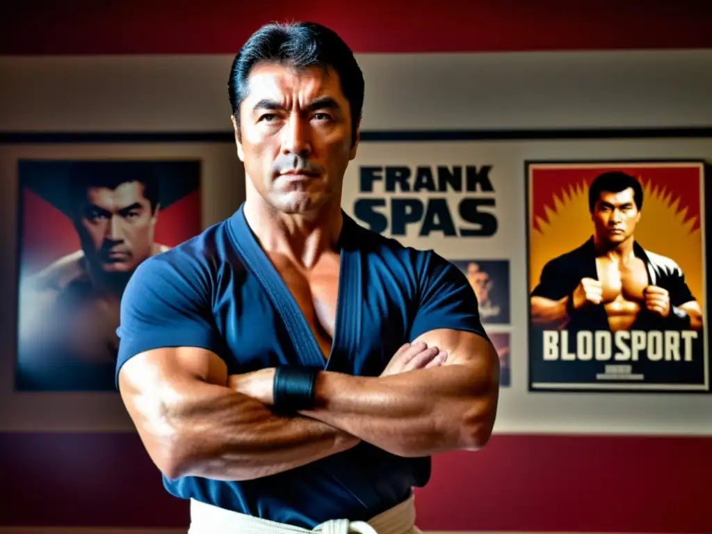 Frank Dux en postura de artes marciales, rodeado de memorabilia de 'Bloodsport', reflejando su influencia en la película