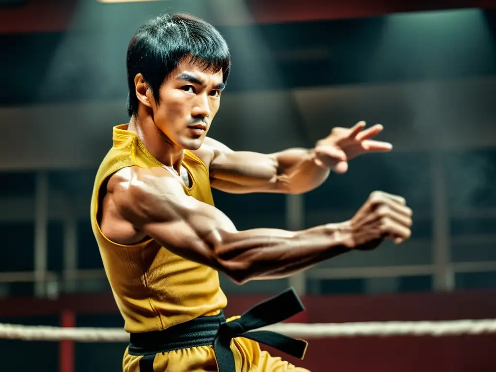 Bruce Lee en una postura dinámica, mostrando su método de combate con intensa determinación y foco