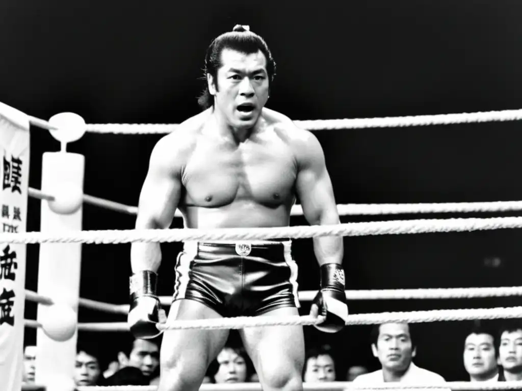 Antonio Inoki realiza una potente llave en un ring tradicional japonés, rodeado de fanáticos entusiastas, capturando la energía de la lucha profesional en Japón