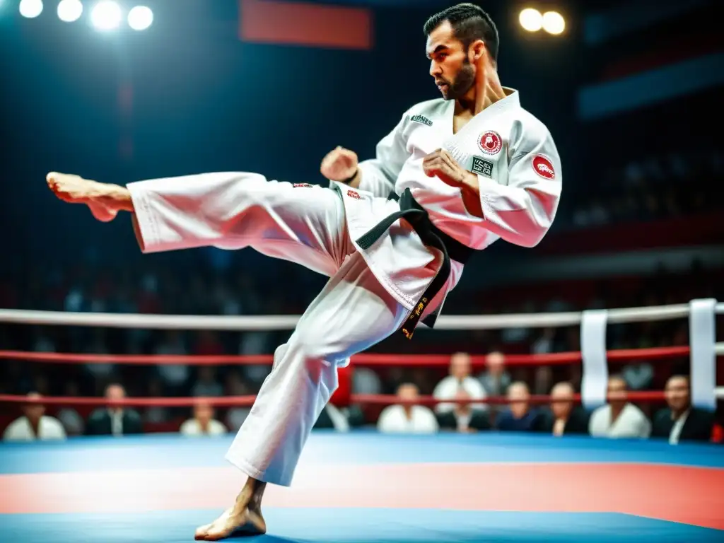 Joe Lewis muestra su determinación en una potente patada de karate, destacando su trayectoria en karate y kickboxing