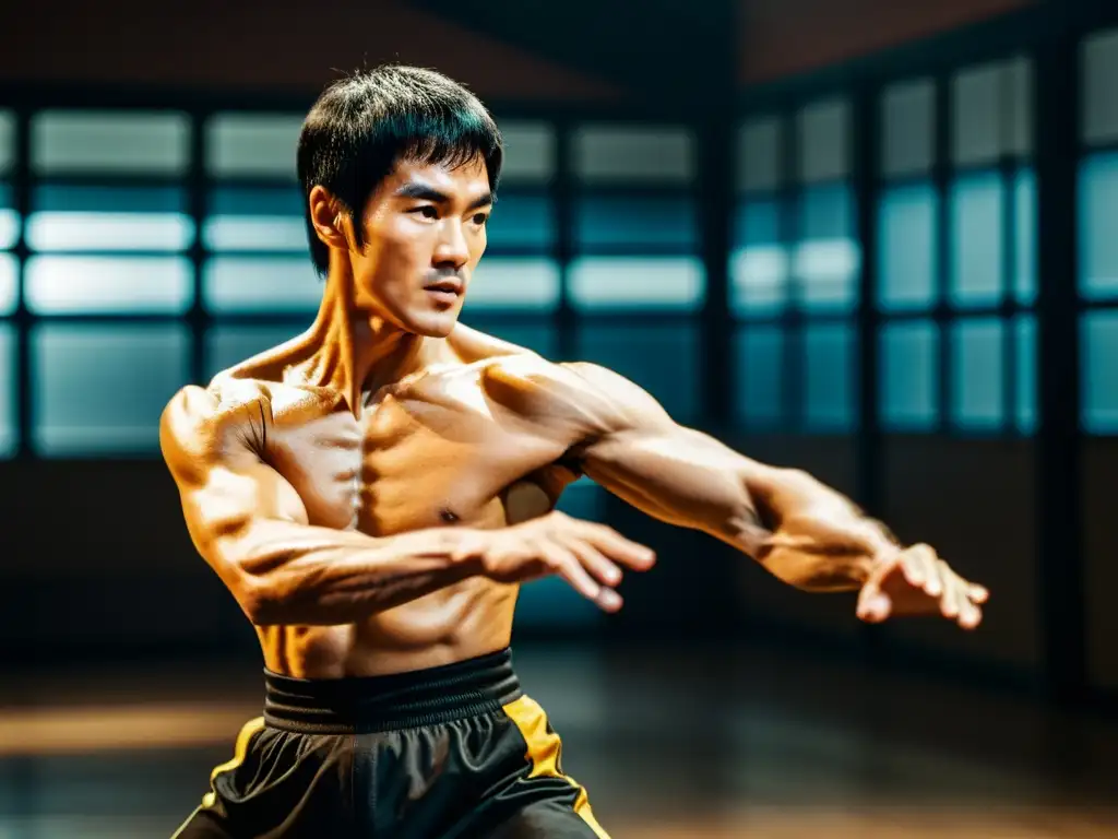 Bruce Lee ejecuta una potente y precisa técnica de artes marciales en un estudio tenue, emanando energía cruda y enfocando intensamente su mirada