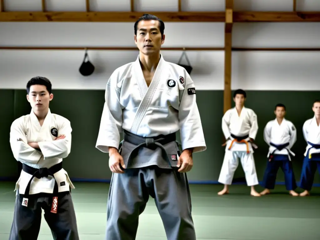 Kenji Tomiki observa la práctica de aikido y judo en un dojo, destacando la unificación de ambas disciplinas