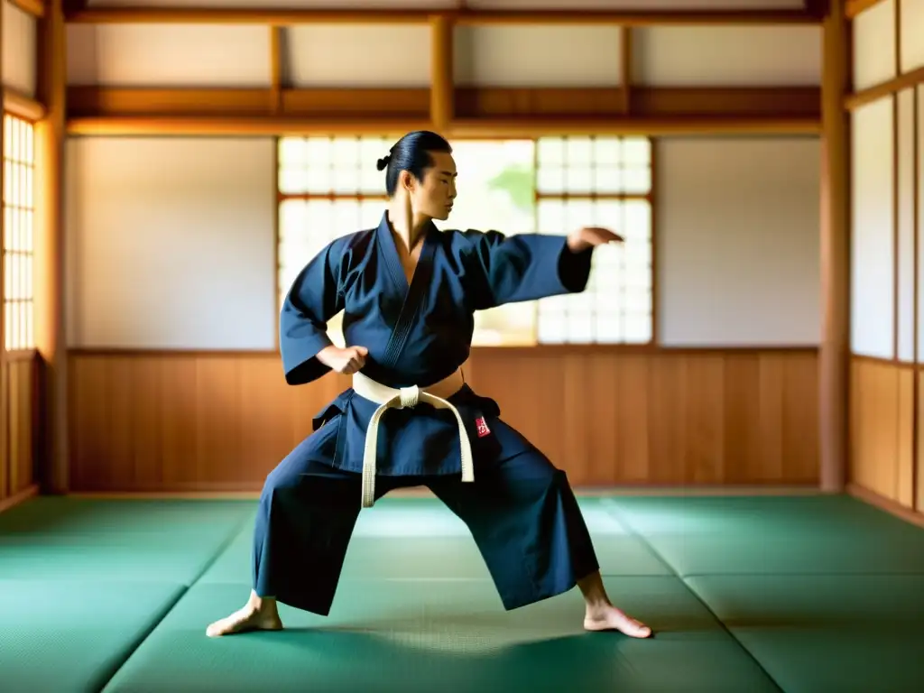 Practicante de Aikido controlando la agresión con gracia en un dojo sereno y luminoso