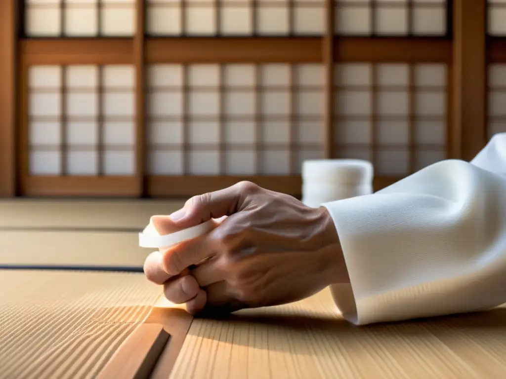 Un practicante de Aikido sostiene un arma de entrenamiento en un dojo japonés, destacando la importancia de la salud articular en el Aikido