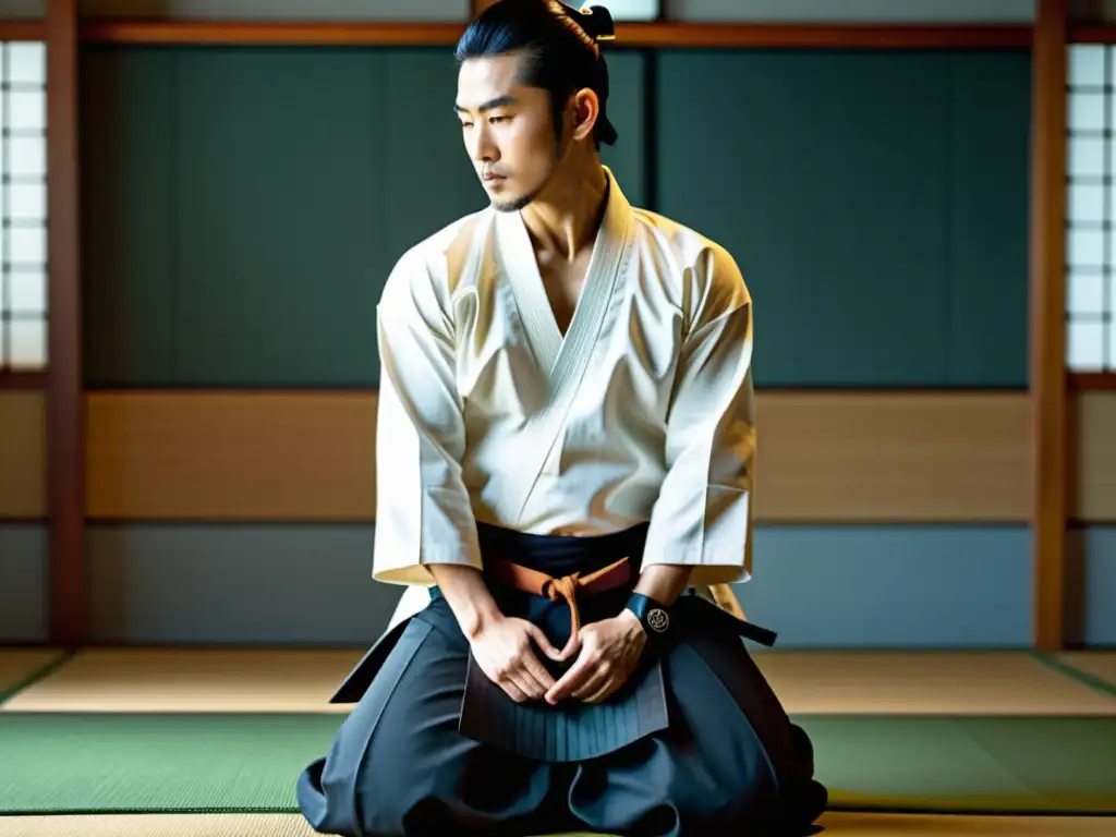 Un practicante hábil de Aikido usa un elegante Hakama en un dojo sereno, mostrando la gracia de su arte marcial