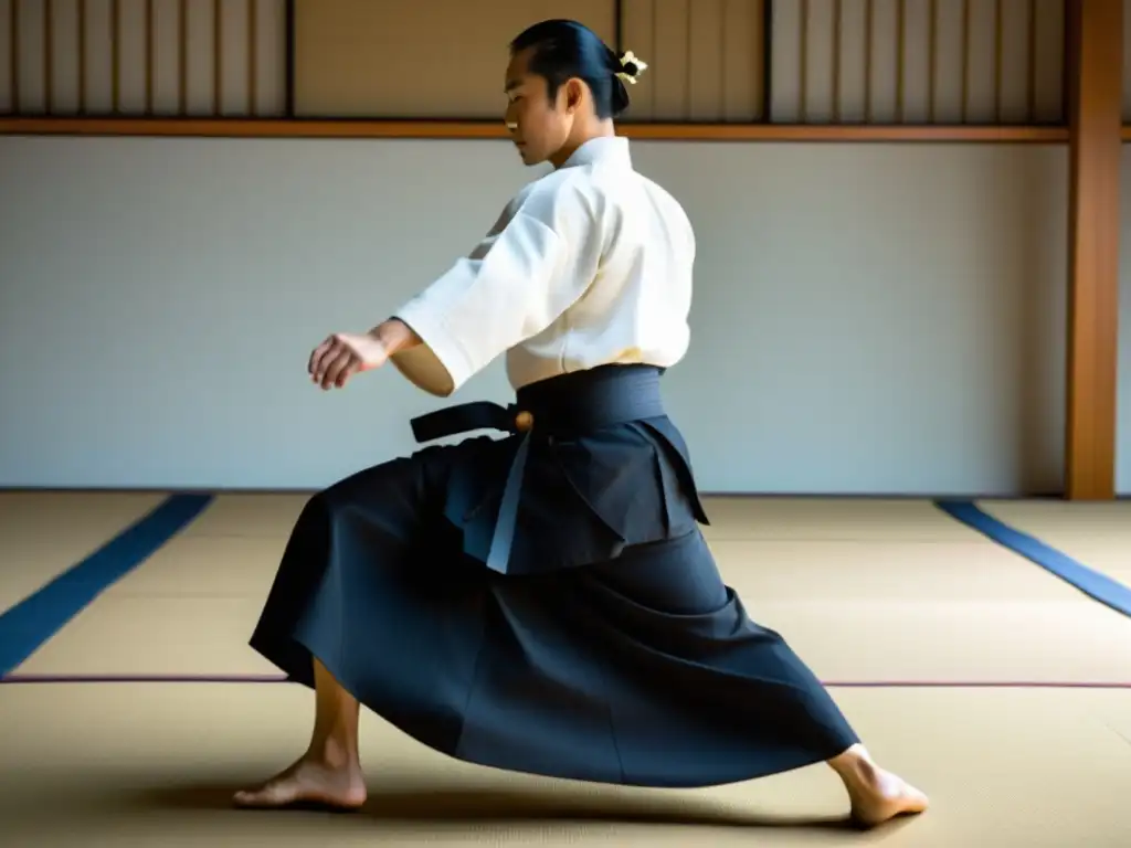 Un practicante de Aikido experto lleva un elegante Hakama adecuado para Aikido, ejecutando una técnica precisa con expresión concentrada