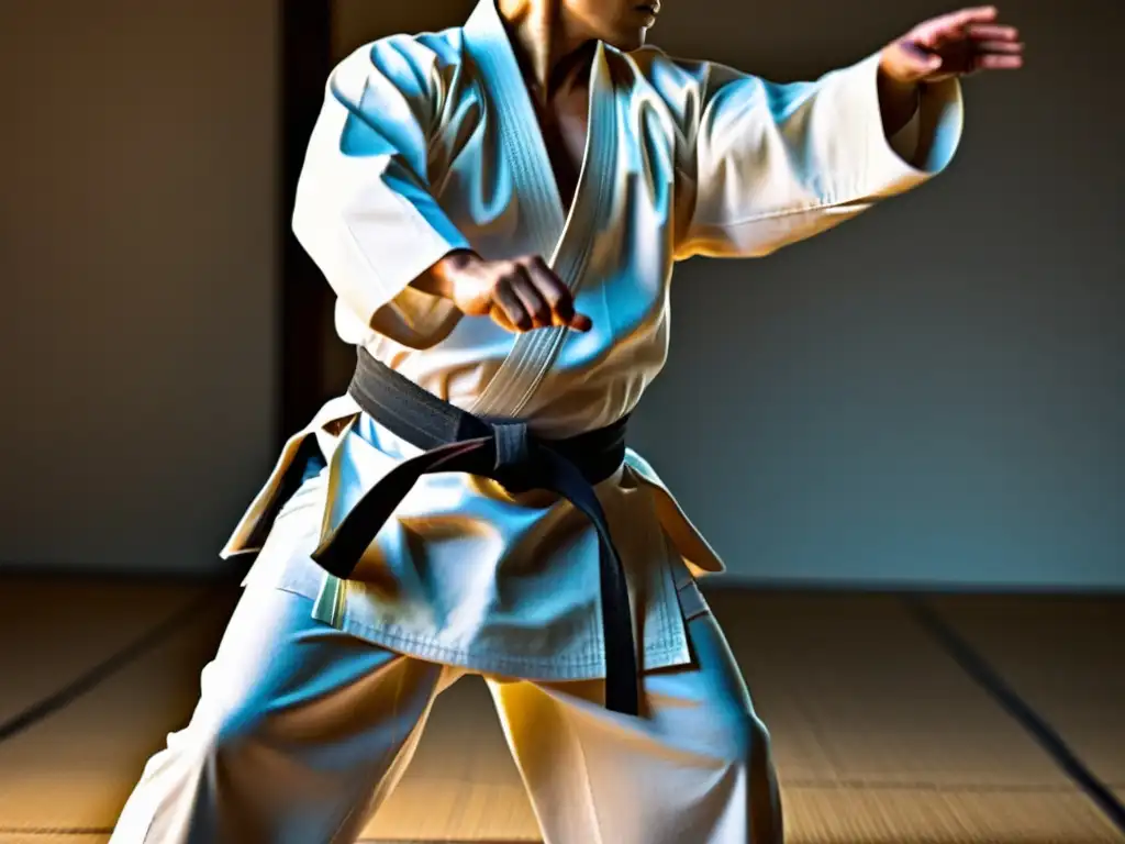 Practicante de Aikido desarrollando fluidez en la técnica, mostrando determinación y concentración en el dojo