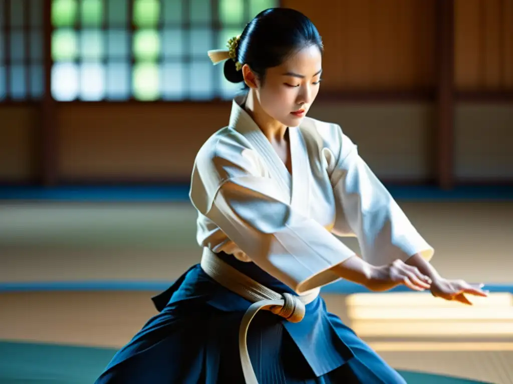 Una practicante de Aikido ejecutando con gracia y determinación una técnica en un dojo luminoso