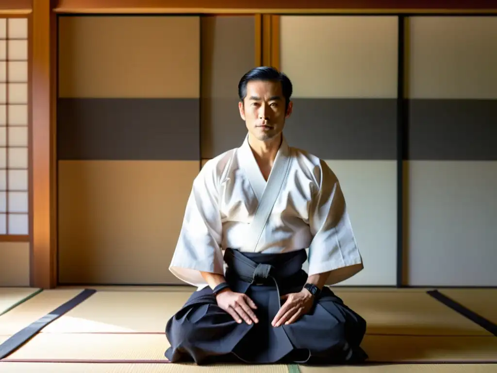 Un practicante de aikido viste un keikogi blanco y hakama negro en un dojo sereno, capturando la esencia del significado vestimenta Aikido