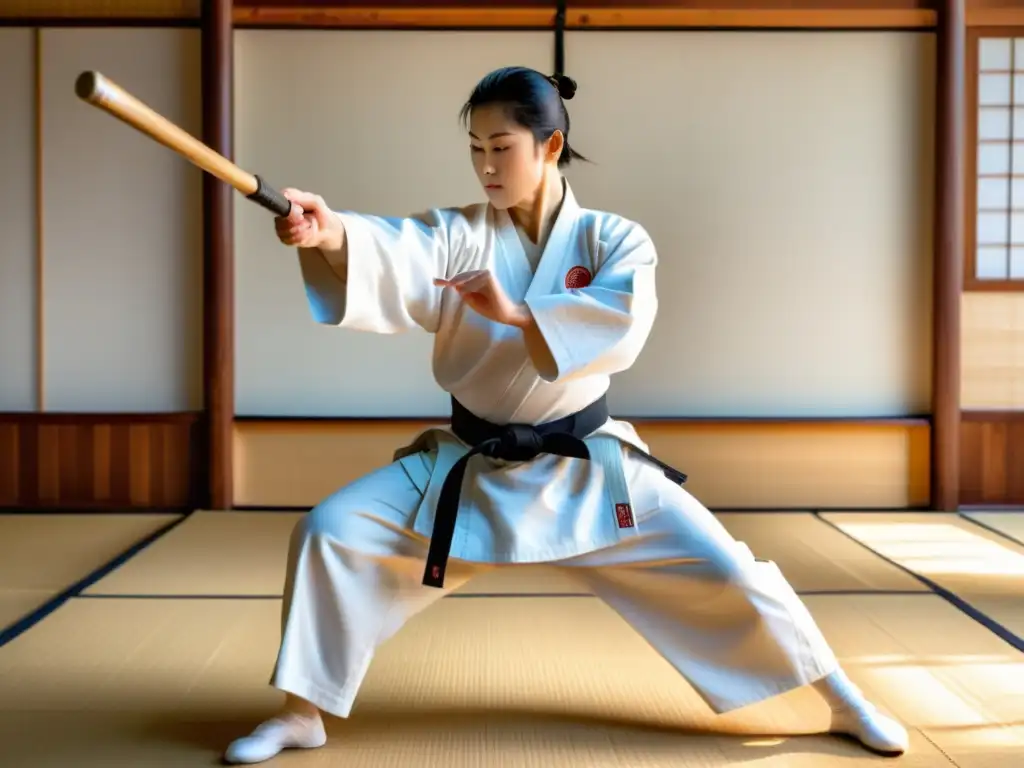 Un practicante de Aikido muestra maestría con un jo, en un dojo sereno