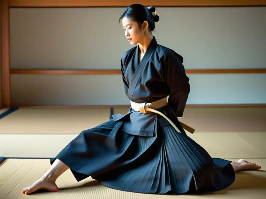 Un practicante de Aikido ejecutando un movimiento preciso y elegante en un tranquilo dojo, resaltando la belleza del Hakama