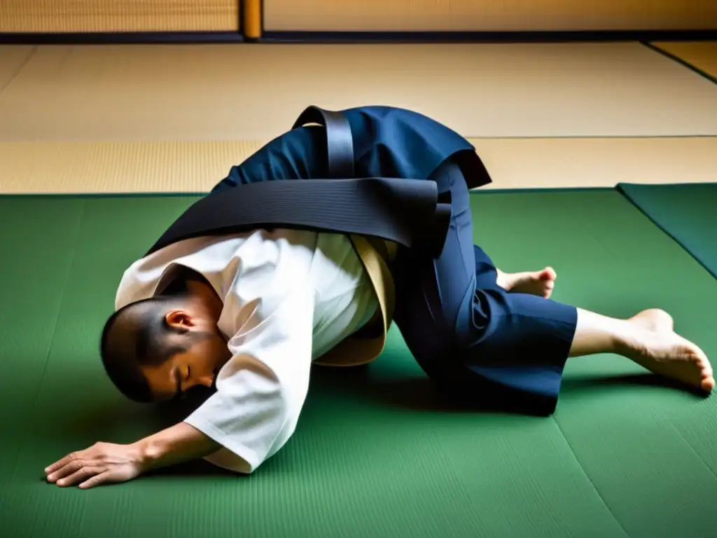 Un practicante de Aikido ejecuta un perfecto rol hacia adelante en un tatami tradicional, mostrando la precisión y fluidez del Aikido