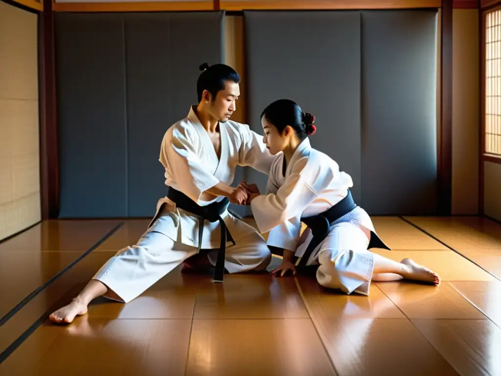 Practicante de Aikido ejecutando una precisa y elegante técnica de bloqueo de muñeca, transmitiendo concentración y control