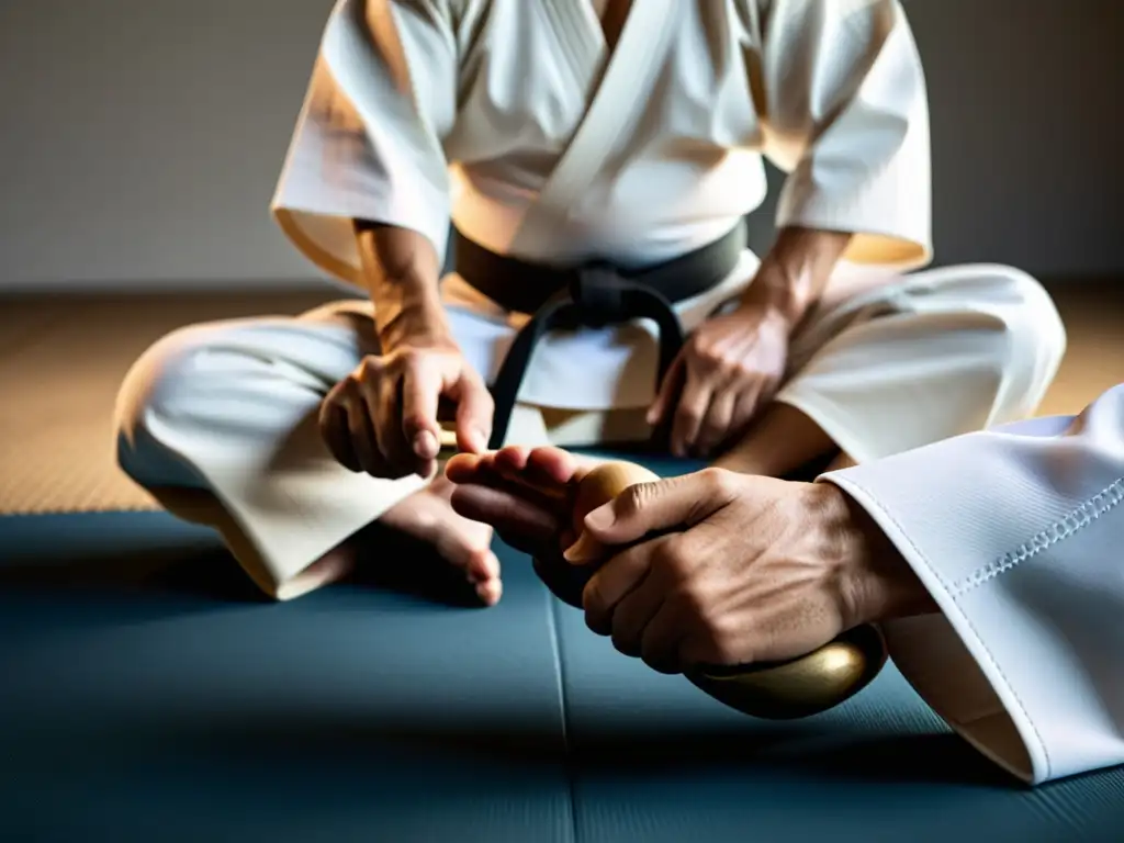 Un practicante de Aikido muestra una técnica precisa, destacando la fluidez y el equilibrio