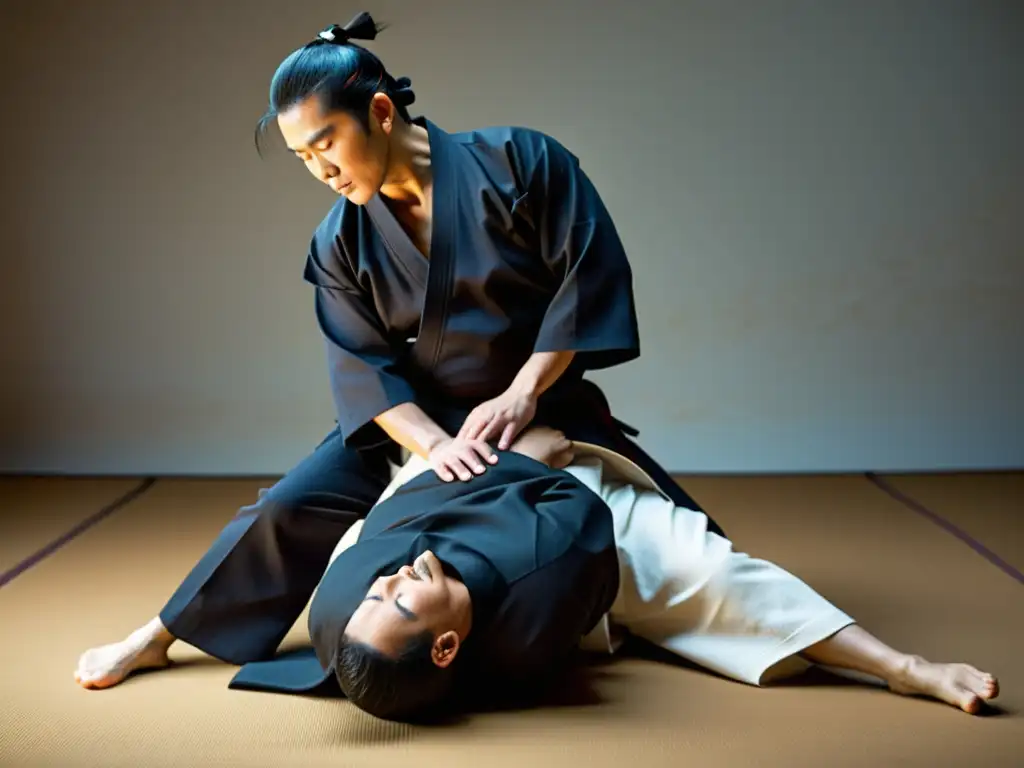 Un practicante de Aikido ejecuta una técnica segura de ukemi con gracia y concentración en un dojo tradicional