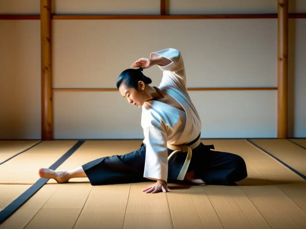 Un practicante de Aikido demuestra técnicas seguras de ukemi en un dojo tradicional, destacando equilibrio y fluidez