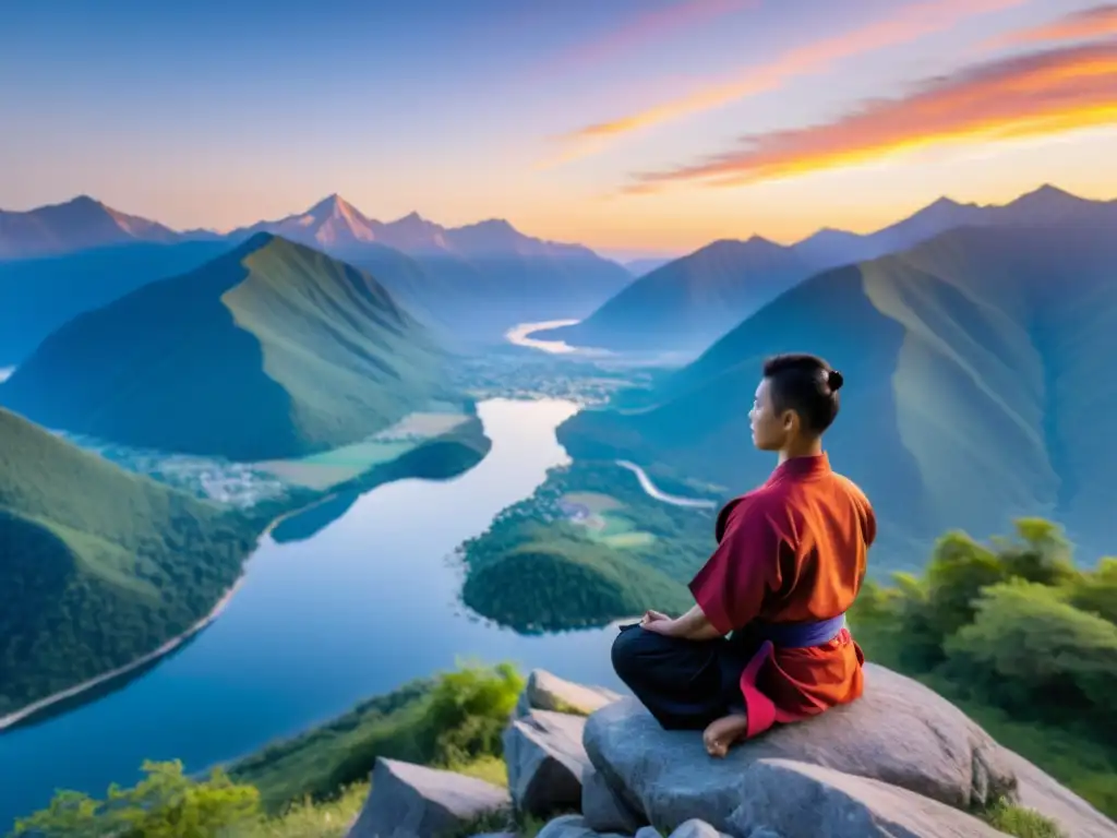 Un practicante de artes marciales en meditación, en un acantilado al atardecer