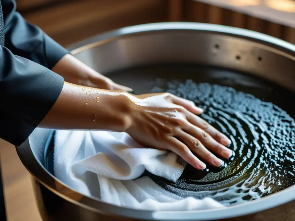 Un practicante de artes marciales lava cuidadosamente un gi en agua jabonosa, destacando la meticulosidad en el cuidado de la ropa de entrenamiento