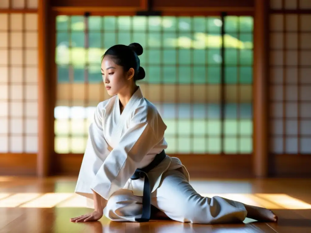 Practicante de artes marciales en gi blanco ejecuta movimientos precisos y fluidos en un dojo soleado, reflejando la filosofía zen en artes marciales