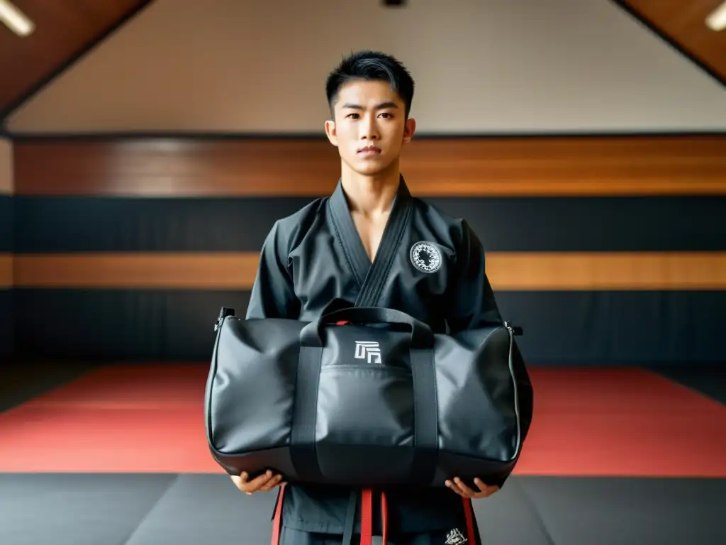 Un practicante de artes marciales con una bolsa transporte equipo artes marciales en un dojo tradicional, expresando determinación y disciplina