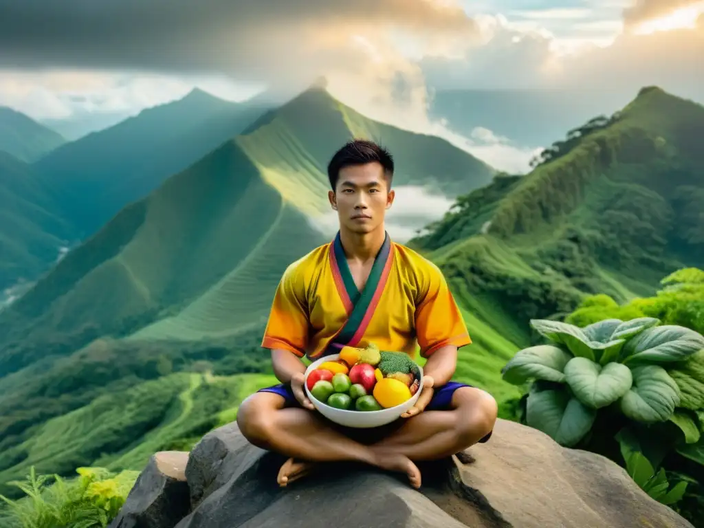 Un practicante de artes marciales en la cima de una montaña, rodeado de naturaleza, sosteniendo frutas y verduras