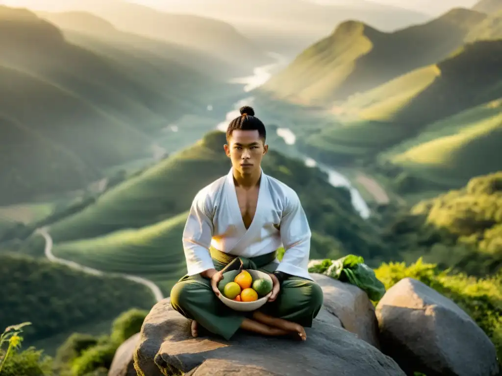 Practicante de artes marciales en la cima de una montaña al amanecer, sosteniendo una bowl de alimentos frescos