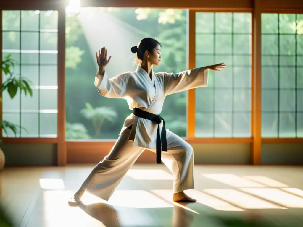 Practicante de artes marciales con cinturón negro realiza Tai Chi en un estudio sereno y soleado, rodeado de vegetación exuberante