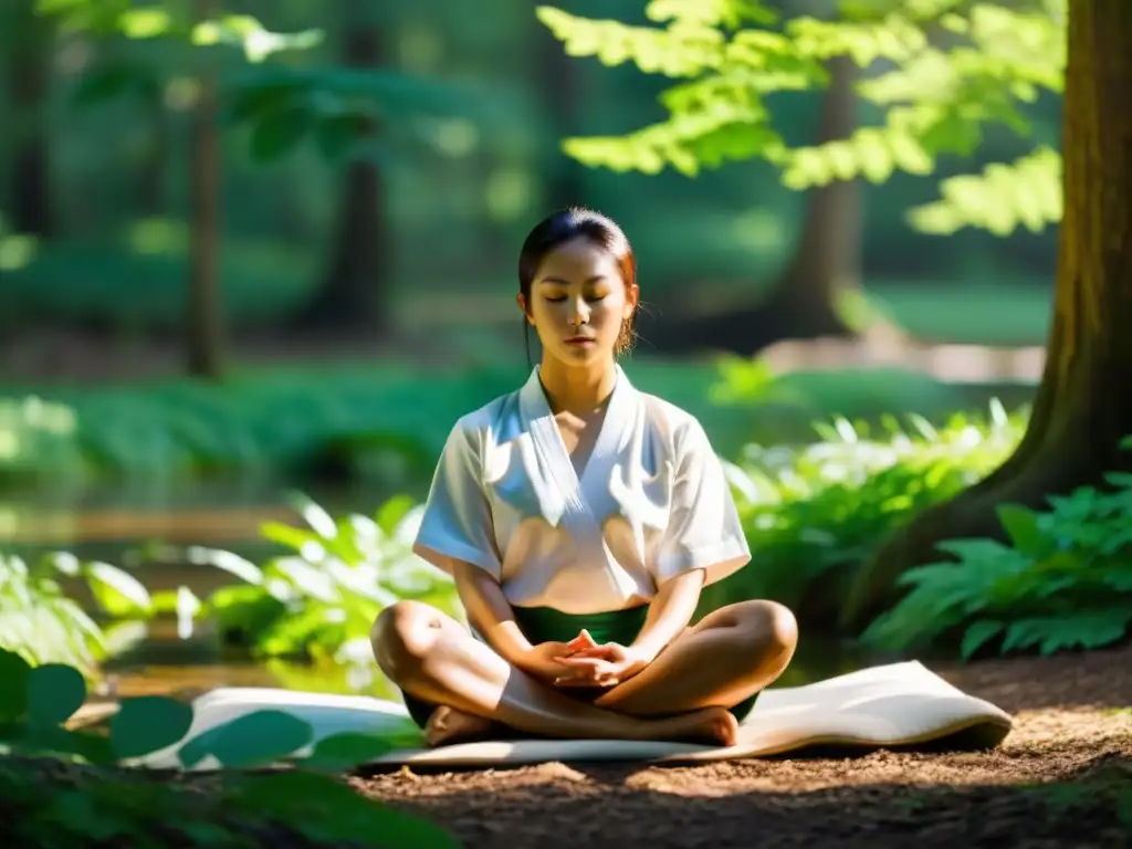 Un practicante de artes marciales medita en un claro del bosque, rodeado de naturaleza exuberante y luz solar