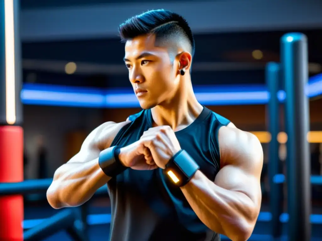 Un practicante de artes marciales con un dispositivo wearable futurista, en un gimnasio moderno