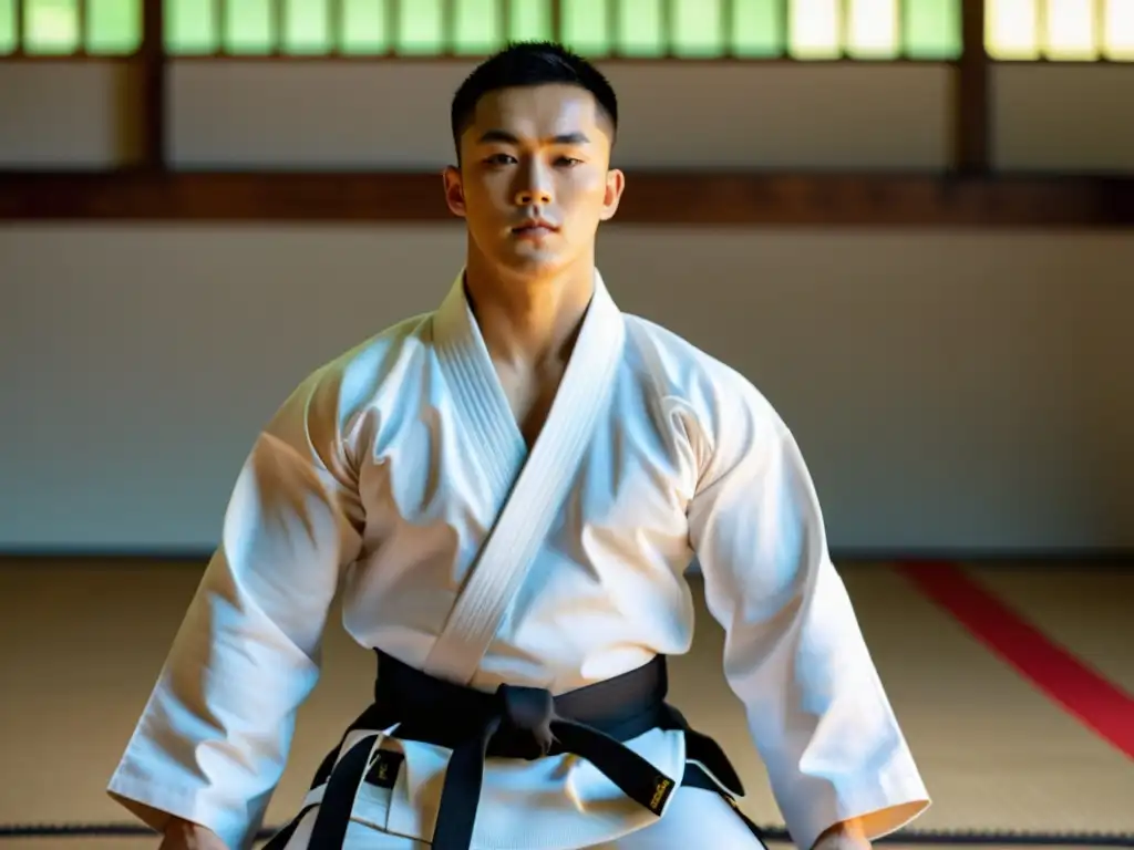 Practicante de artes marciales en dobok blanco realiza movimientos controlados en un dojo tranquilo