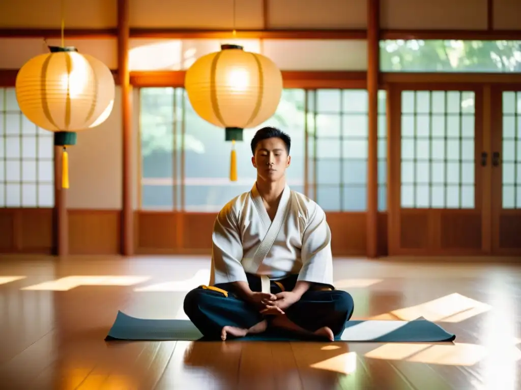 Practicante de artes marciales en meditación en un dojo sereno con luz suave de linternas de papel y luz de tarde dorada