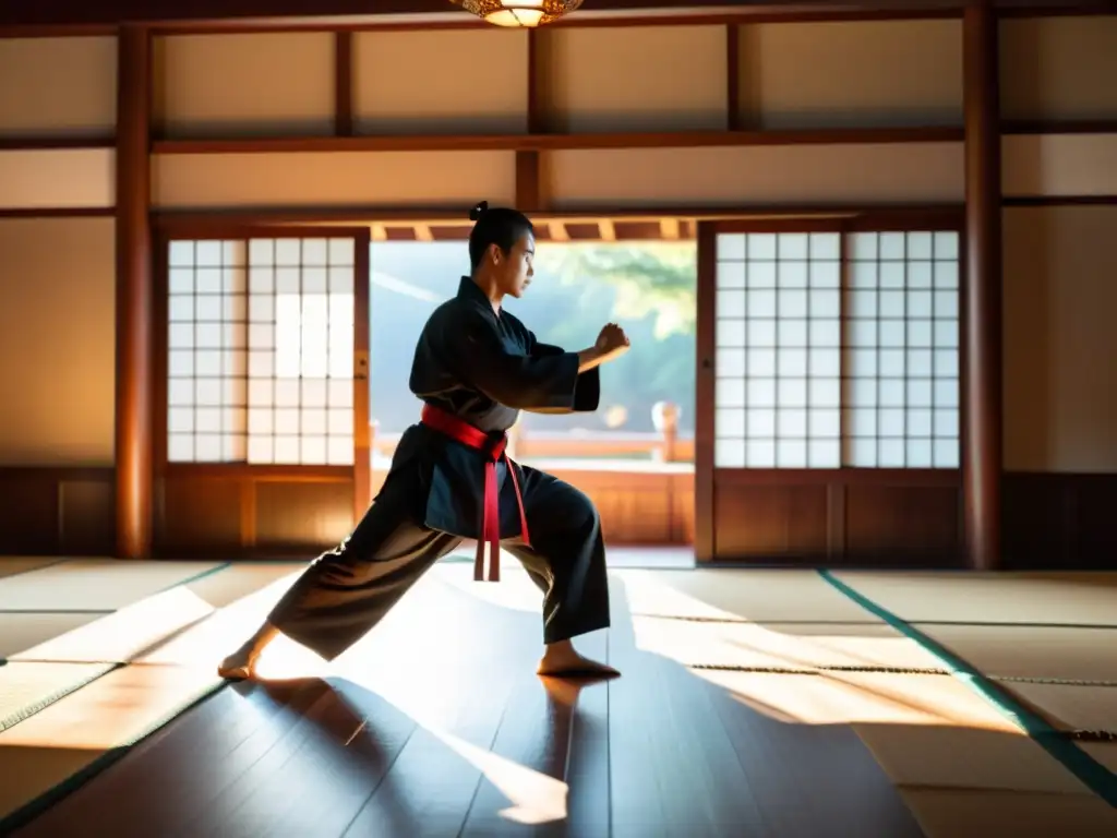 Un practicante de artes marciales en un dojo tradicional, capturado en movimiento con luz solar dramática