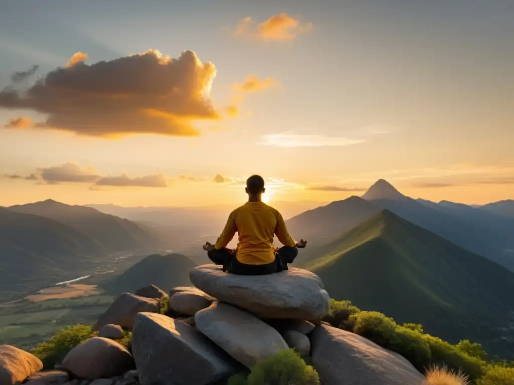 Practicante de artes marciales en meditación para manejar dolor, contempla paisaje montañoso al atardecer