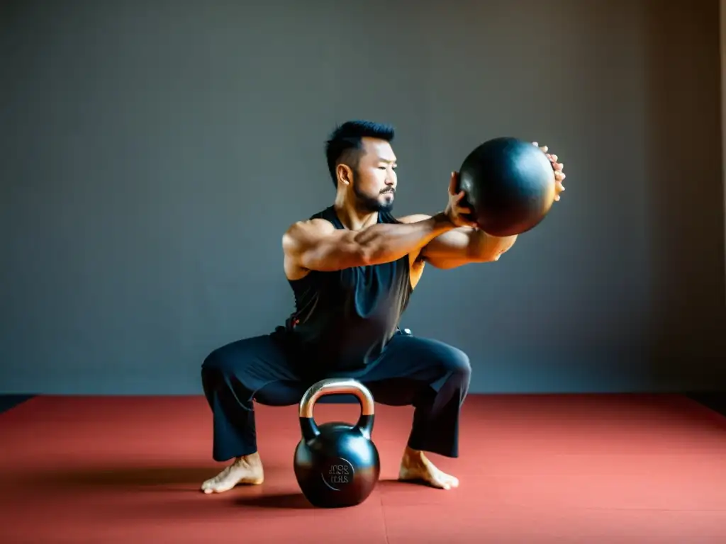 Un practicante de artes marciales realiza ejercicios dinámicos con pesas rusas, mostrando precisión y fluidez