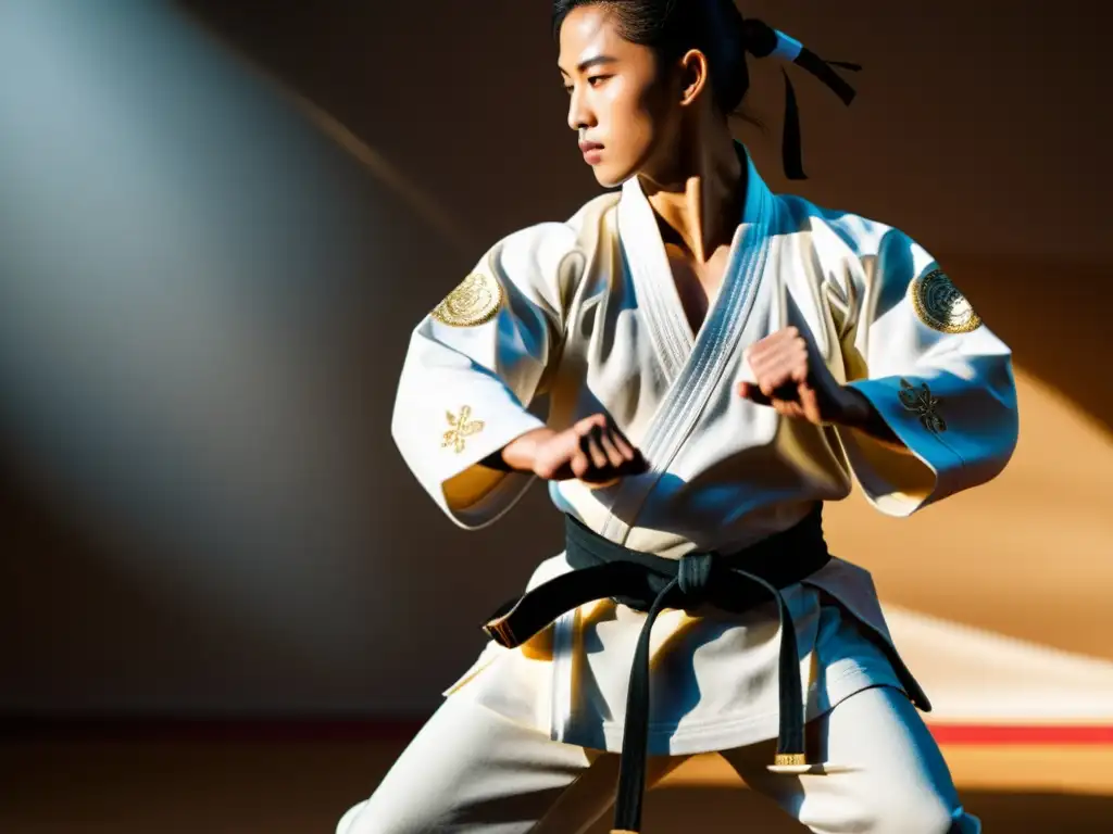 Un practicante de artes marciales viste elegante ropa marcial para el día, irradiando disciplina y fuerza en un espacio de entrenamiento sereno