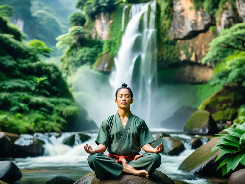 Practicante de artes marciales meditando en un entorno montañoso sereno, rodeado de vegetación exuberante y una cascada tranquila en el fondo