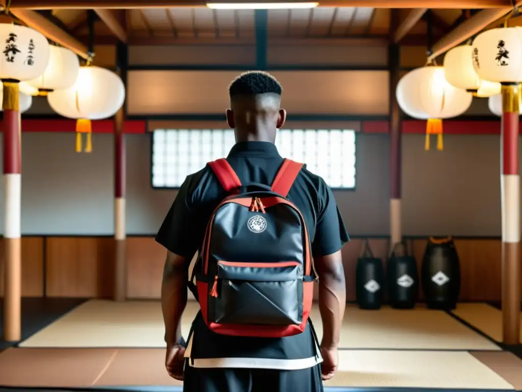 Un practicante de artes marciales se prepara para el entrenamiento con su mochila de equipo cómodamente organizado en un dojo tradicional