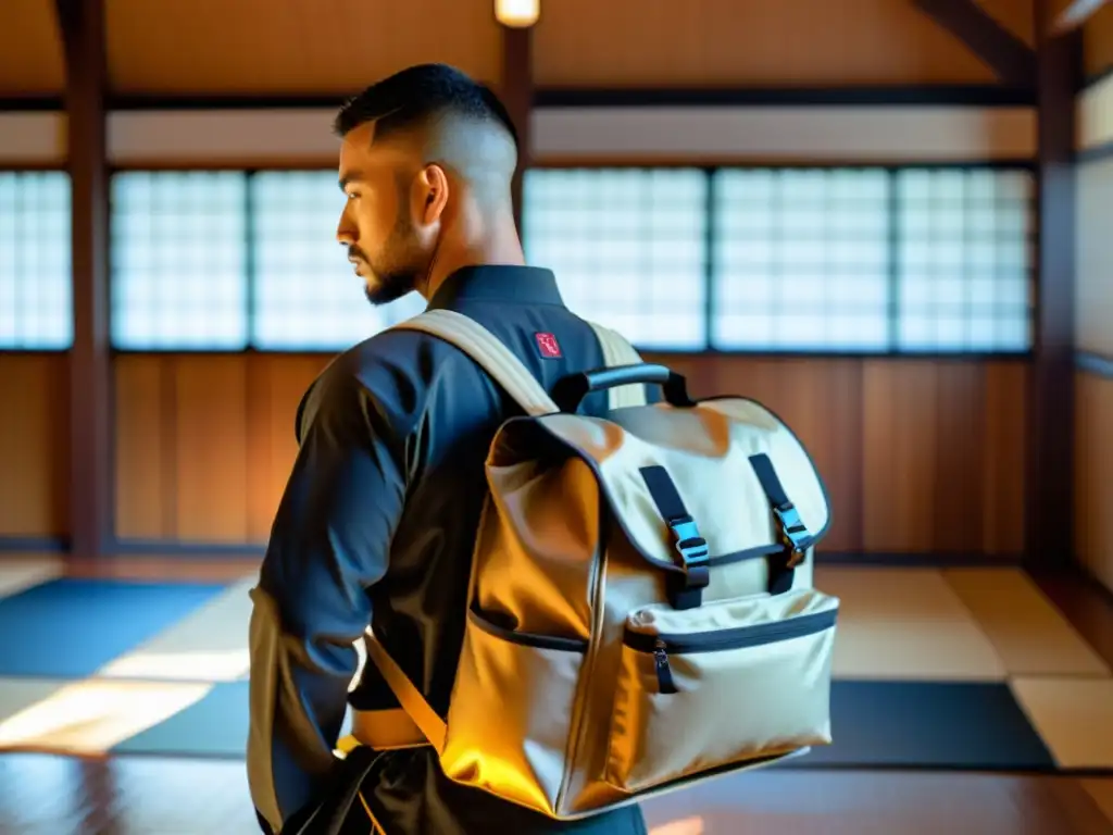 Un practicante de artes marciales empaca su equipo cómodamente en una mochila especializada en un dojo tradicional sereno