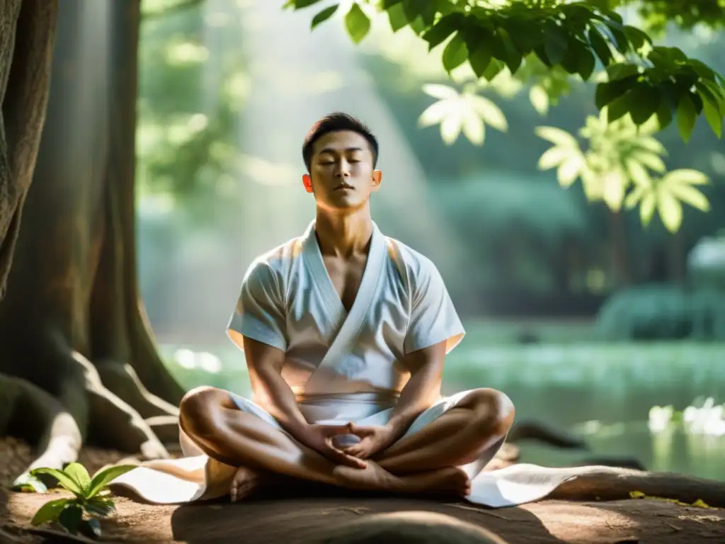 Un practicante de artes marciales en un estado zen, rodeado de naturaleza serena